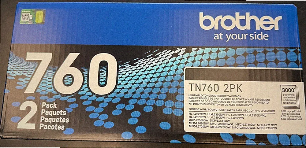 NEW GENUINE - BROTHER TN760 2-PACK BLACK TONER CARTRIDGES